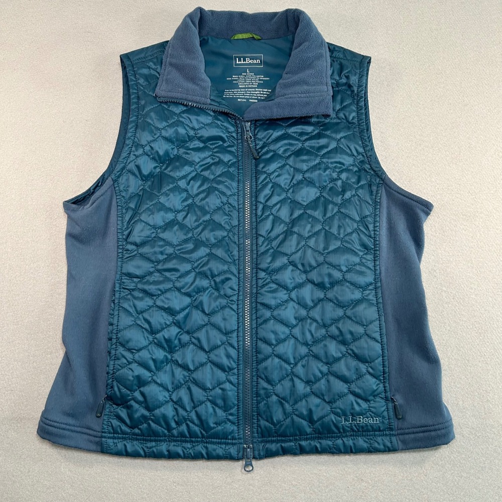 LL Bean Quilted Vest Womens Large Teal Blue Thinsulate Full Zip Fleece Collar